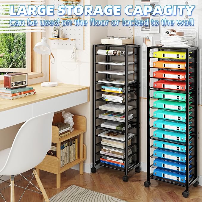 Simple Trending 14 Tier Rolling File Cart, Desk File Organizer with Sliding Trays and Wetal Mesh Paper Letter Storage Multi-Functional Rolling Clutter Cart for Office, Home, School, Black