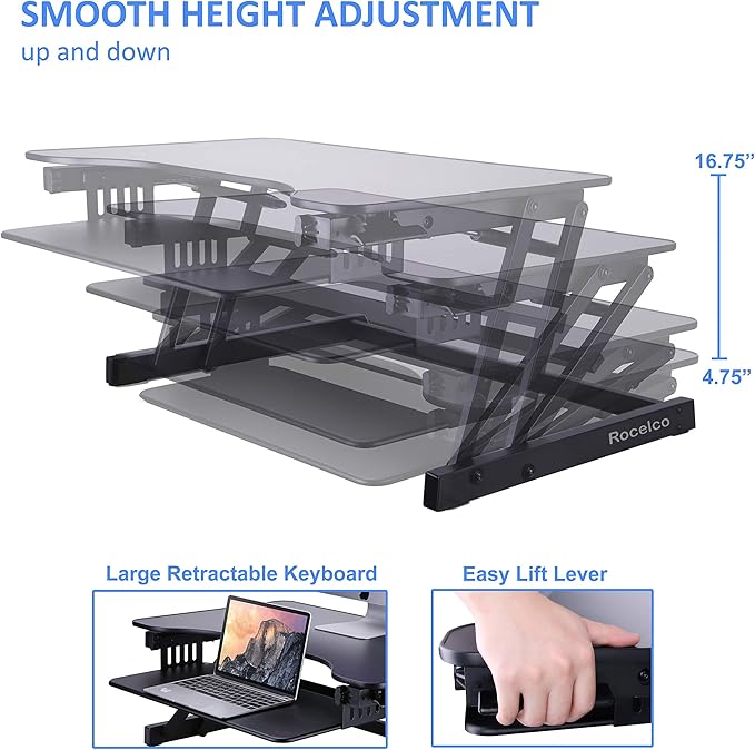 Rocelco 32" Height Adjustable Standing Desk Converter with Anti Fatigue Mat BUNDLE - Sit Stand Up Dual Monitor Riser - Computer Workstation - Large Retractable Keyboard Tray - Black (R ADRB-MAFM)