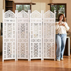 5.75Ft Room Divider Wood Screen, 33Lbs Durable Antiqued Style MDF Carved Headboard, Reversible Freestanding Folding Partition Paravent for Home Office, 69 * 71 inch(H*W) - 4 Panels (Rustic White)