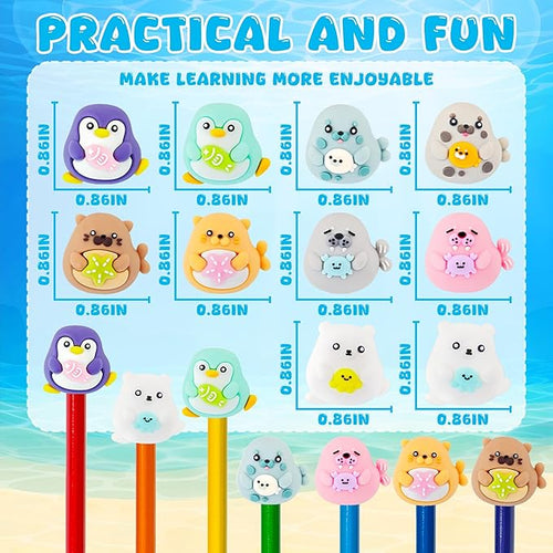 20 pcs Ocean Animal Pencil Topper Erasers for Kids Classroom Prizes, 3D Funny Pencil Top Erasers for Kids Class Treasure Box,Game Rewards,Party Favors, Non-Removable