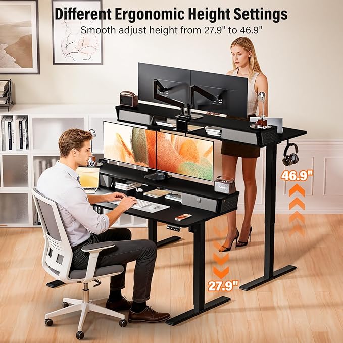 Kingant 40 x 24 Inch Electric Standing Desk with Dual Drawers, Height Adjustable Sit to Stand Computer Desk with Storage Shelf and C-Clamp Mount Compatibility for Home Office, Black