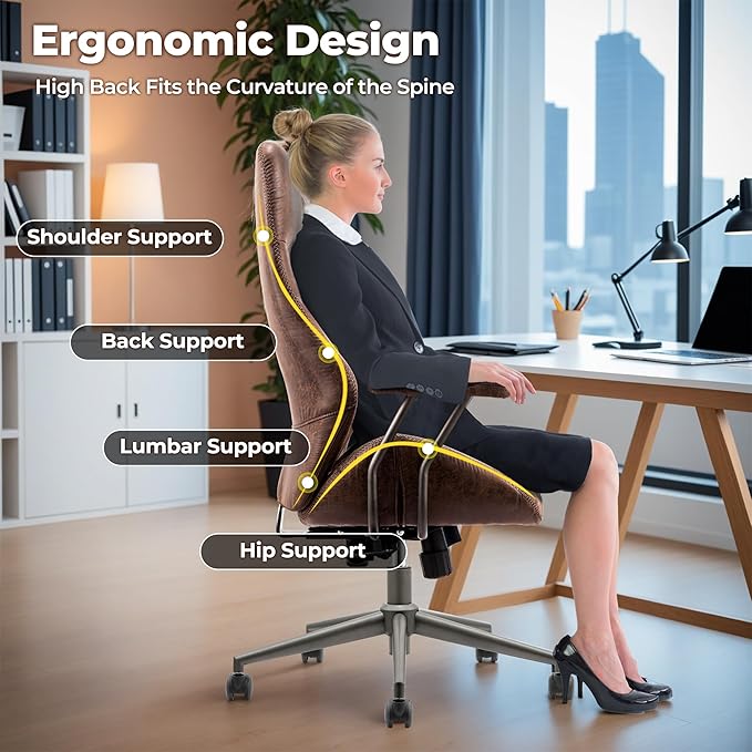 ovios Ergonomic Home Office Chair, Mid-Century Modern Faux Leather Chairs with Padded Armrests, Comfy High Back Swivel Rolling Executive Computer Armchair (Dark Brown, Suede Leather)