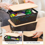 Anywish Storage Bins with Lids 8 Packs, Plastic Storage Bins with Bamboo Lids for Pantry Organization and Storage Containers for Shelves Drawers Desktop Closet Playroom Classroom Office Home, Black