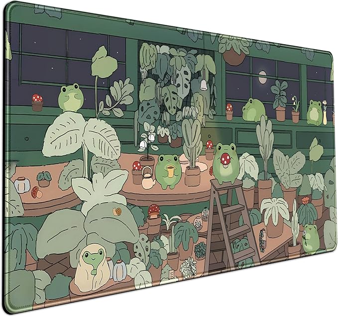 Cute Frog Kawaii Green Desk Decor Mat, Large Gaming Mouse Pad for Computer Keyboard Laptop, Home Office Accessories for Girl (31.5x15.7 in)-with Stitched Edges Pad