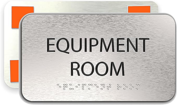 ADASigns Equipment Room Sign 7" W x 4" H - Durable Brushed Aluminum with Grade 2 Braille - Easy Installation with Strong Double Sided Tape - ADA Compliant Office Door Signs for Businesses & Offices