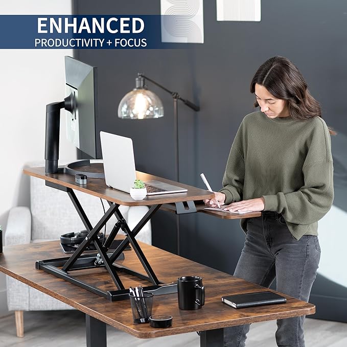 VIVO 42 inch Desk Converter, K Series, Height Adjustable Sit to Stand Riser, Dual Monitor and Laptop Workstation with Wide Keyboard Tray, Rustic Vintage Brown Top, Black Frame, DESK-V042KN
