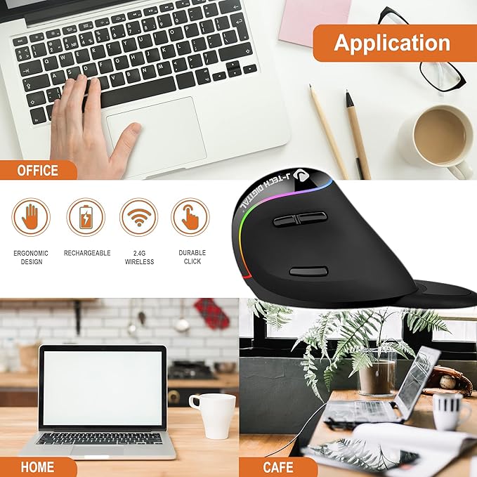 J-Tech Digital Ergonomic Mouse with Wireless Connection, Removable Palm Rest, Thumb Buttons, Rechargeable Battery, 800 DPI, Compatible with Windows and MAC OS