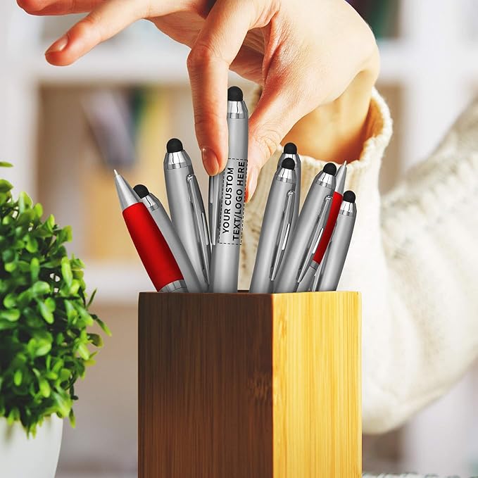 DISCOUNT PROMOS Custom Stylus Ballpoint Pens Set of 10, Personalized Bulk Pack - Black Ink, Great for Office, School, Business, Tradeshows, Events - Red