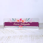 Artblox Personalized Office Desk Name Plate and Business Card Holder | Clear Acrylic Glass with Teak Wood Stand | Wild Flowers Design Customized with Your Name and Credentials Office Desk Decor