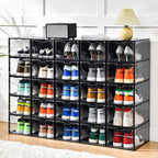 Stebopum 12 Pack Stackable Shoe Storage Organizer with Magnetic Door, Shoe Boxes Clear Black Plastic for Closet, Shoe Rack for Sneaker Boot Container, Shoe Cabinet Fit up to US Size 12