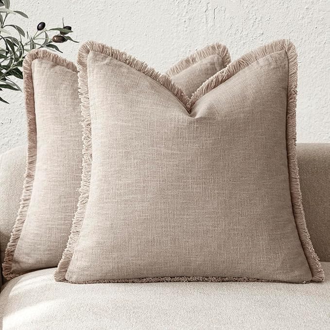 Foindtower Set of 2 Decorative Linen Fringe Throw Pillow Covers Farmhouse Cushion Cover with Tassels Soft Accent Pillowcase for Couch Chair Sofa Bed Living Room Home Decor,16×16 Inch,Natural Linen