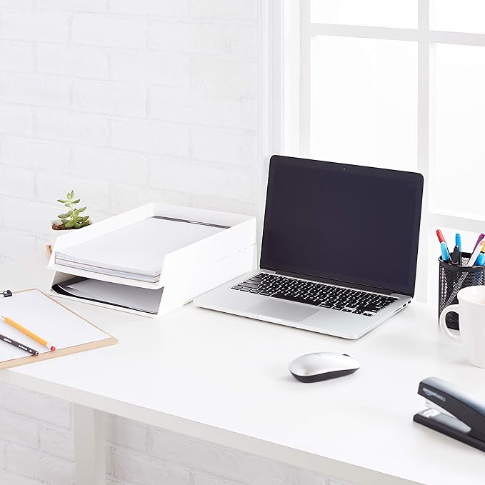 Amazon Basics Rectangular Plastic Desk Organizer, letter size Tray, 2-Pack, 13 x 9.7 x 2.2 inches, White