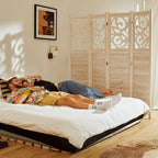 Room Divider Wood Carved Wall Divider Indoor Folding Portable Partition Screen for Home Office Garden Terrace - 4 Panel, 67 * 60inch (White)