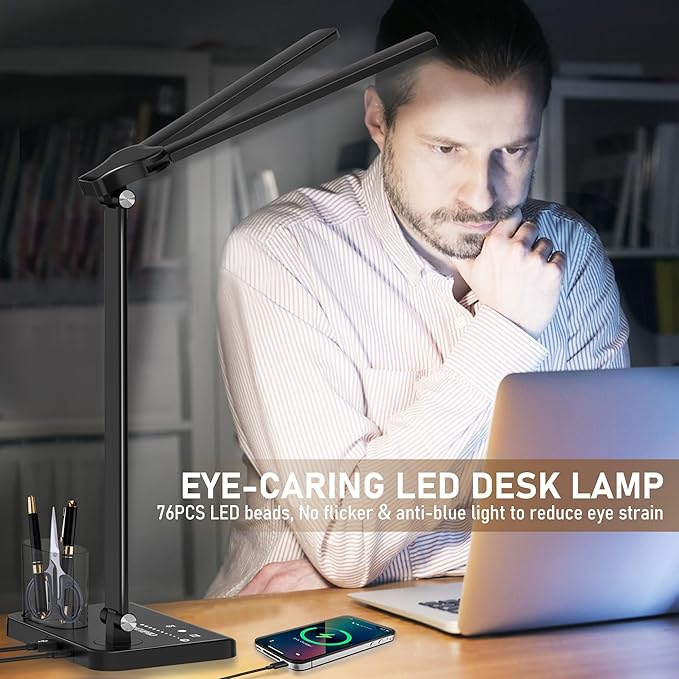 CHARYJOD Dimmable LED Desk Lamp with USB Charging Port Bright, 50 Lighting Modes Dual Swing Arm Architect Table Lamp Light Desk Lamp for Home Office Dorm Piano Nail