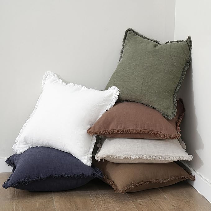 Foindtower Set of 2 Decorative Linen Fringe Throw Pillow Covers Cozy Boho Farmhouse Cushion Cover with Tassels Soft Accent Pillowcase for Couch Sofa Bed Living Room Home Decor, 26×26 Inch, Olive Green
