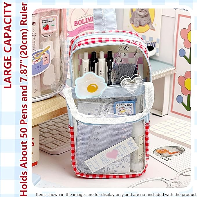 UINSUE Cute Pen case Adorable Bunny Transparent 3-Layer Large Capacity Pencil Case Gadget organizer with Lovely Stickers (Blue Plaid)