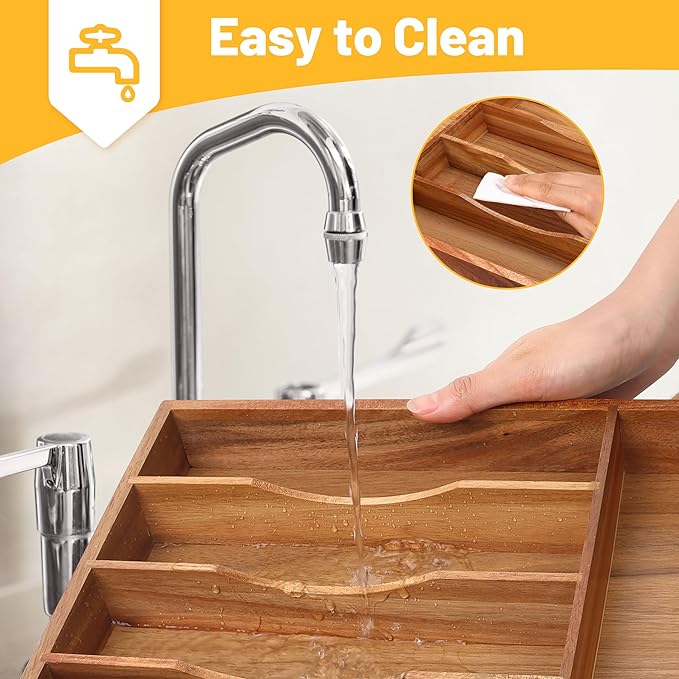 Oridom Kitchen Acacia Silverware Organizer - Extra Deep Grooved Drawer Divider, 7 Slot Utensil Organizer