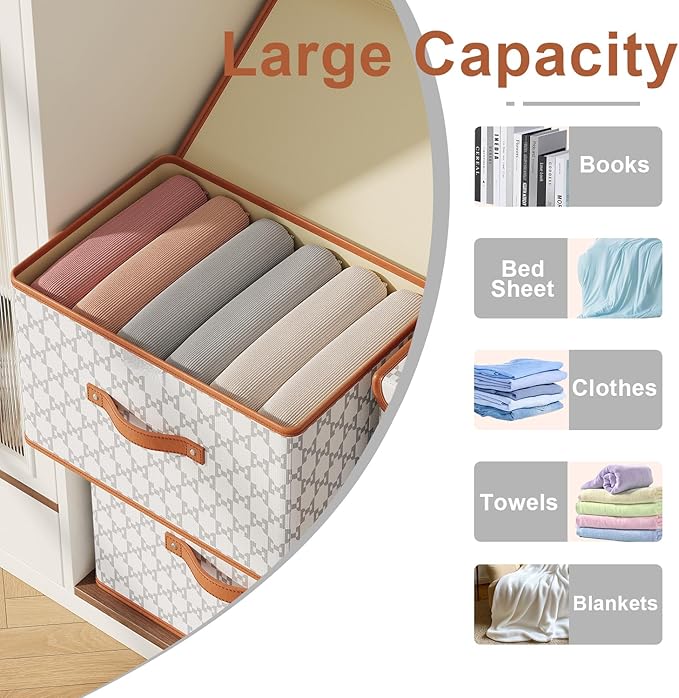 Tuza 2 Pack Fabric Storage Bins with Lids, Collapsible Closet Organizer Container, Decorative Storage Boxes with Lids for Organizing Clothes, Blanket, Grey & White, Medium