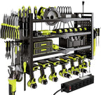 NattyDot Power Tool Organizer Wall Mount with Charging Station 4 Layer 6 Slot Cordless Drill Holder with Angle Grinder Holder (Black)