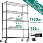 M MZG 5 Tiers Shelf 1750 lbs Steel Storage Shelving Utility Shelving Unit Steel Organizer Wire Rack for Home,Kitchen,Office,Garage Black 17.7" D x 47.2" W x 76.8" H