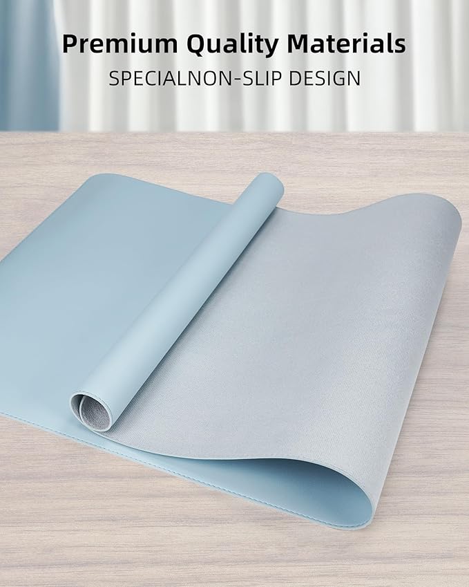 Leather Desk Pad Protector, Mouse Pad, Office Desk Mat, Non-Slip PU Leather Desk Blotter, Laptop Desk Pad, Waterproof Desk Writing Pad for Office and Home (Light Blue, 31.5" x 15.7")