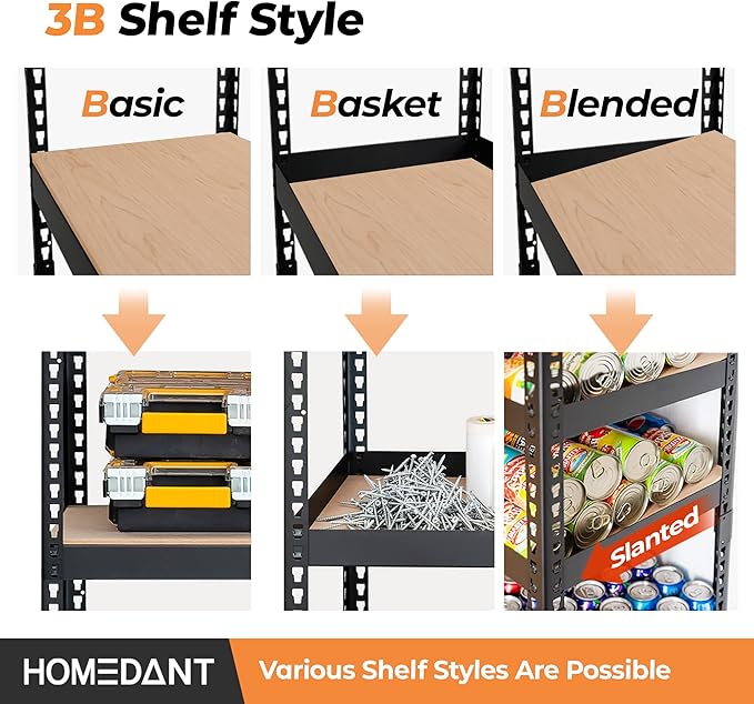 HOMEDANT 5 Tier Storage Shelves Adjustable Laminated Boltless Garage Metal Shelving Unit Heavy Duty Utility Rack Shelf Warehouse Pantry Closet Kitchen (2, (M) 35.9" W, Black)