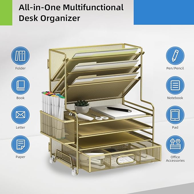4-Tier Paper Organizer + 3-Pocket File Holder + Drawer + Pen Holders, Desktop File Organizers Paper Tray for Office Supplies School Classroom Organization (Gold, with Drawer & Pen Holder)