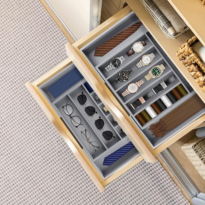 oridom Large Premium Bamboo Silverware Organizer - Expandable Drawer Organizer & Utensil Organizer - 17"x19.7" Cutlery Tray with Dividers for Kitchen Utensils and Flatware (7-9 Slots) (Grey)