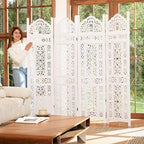 5.75Ft Room Divider Wood Screen, 33Lbs Durable Antiqued Style MDF Carved Headboard, Reversible Freestanding Folding Partition Paravent for Home Office, 69 * 71 inch(H*W) - 4 Panels (Rustic White)