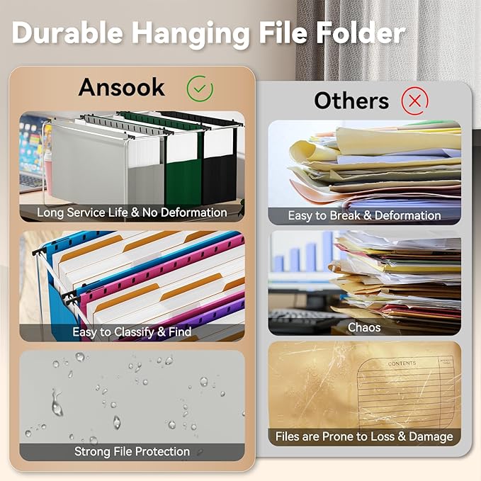 Ansook Legal Size Hanging File Folders Extra Capacity,Heavy Duty 4" Expandable File Cabniet Folder with 1/5 Tabs,6 Pack Plastic Hanging Folders,Hanging File Organizer for File Frame Box
