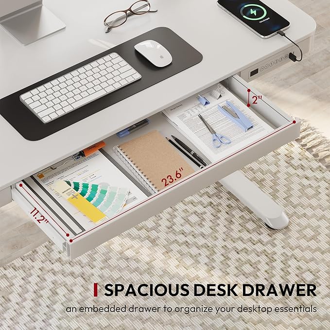SANODESK Standing Desk with Drawer, Electric Height Adjustable Home Office Desk with Storage & USB Ports, 48 inch White Wood Tabletop/White Frame