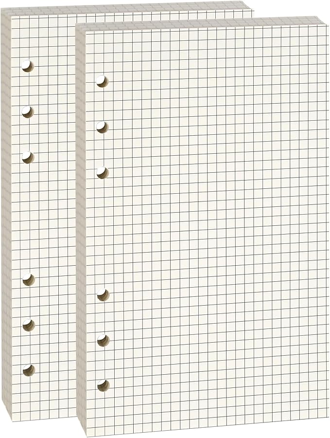 A6 Grid-Ruled Refill Paper, 100gsm Thick Beige No-Bleed Sheets (2 Packs, 80 Sheets Each), Pre-Punched – Fits A6 6-Ring Binders for Office, School & Teachers