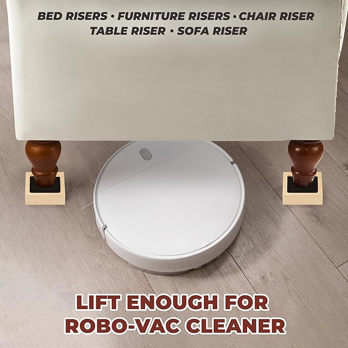 Bed Risers, Furniture Risers (Set of 8-Height 1") Can be Adjusted to 2'' 3''or 4'', Lifts Furniture Risers, Solid Natural Wood Risers, Non-Slip Recessed Hole (Square-Natural Color)