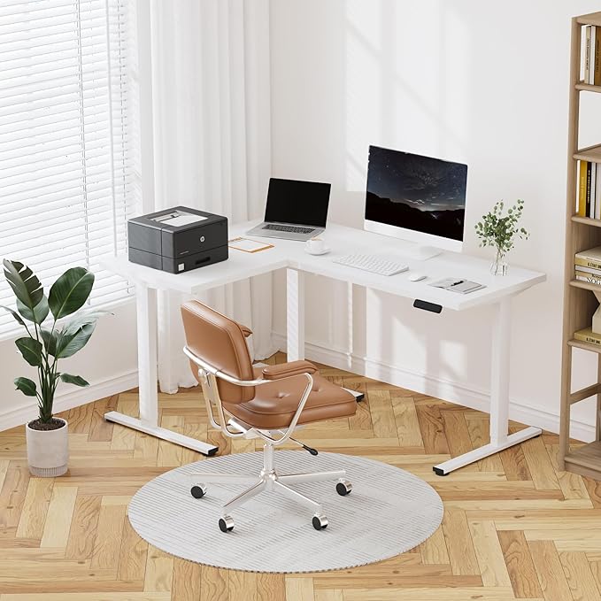 FLEXISPOT 63 x 47 Inch 3-Leg L Shaped Standing Desk, Electric Height Adjustable Sit Stand Corner Desk, Computer Workstation with Preset Controller for Home Office, White Frame with White Top