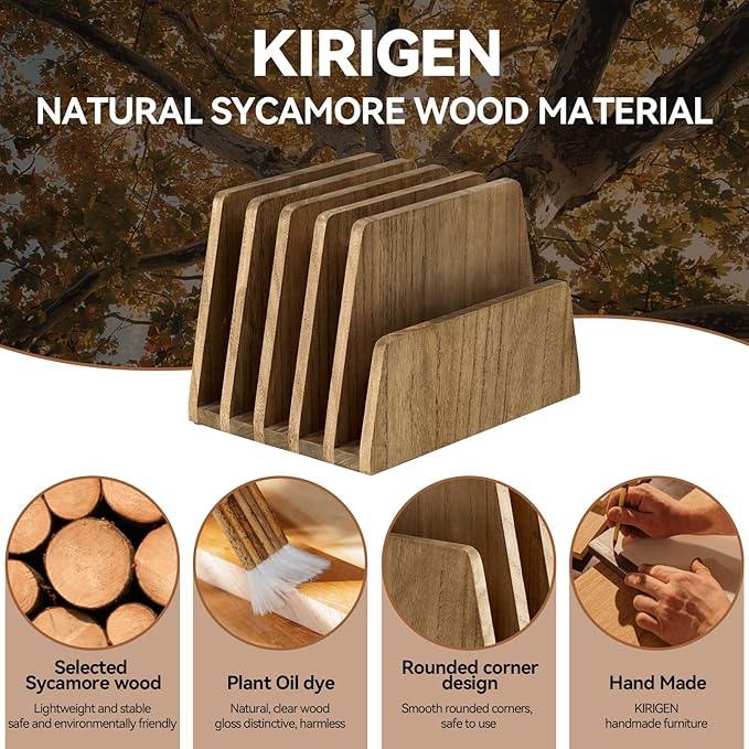 KIRIGEN Wooden Desk Mail Organizer 5 Slots File Paper Holder Desktop Wood Document Letter Holder Organizer for Home Office Dark Brown (5KWJJ-DBR)