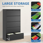 FLIXELIO 5 Drawer File Cabinets,Metal Office Storage Filing Cabinet with Lock, Lateral Filing Cabinet for Home Office, Horizontal Locking File Cabinet for Legal/Letter/A4, Assembly Required, Black