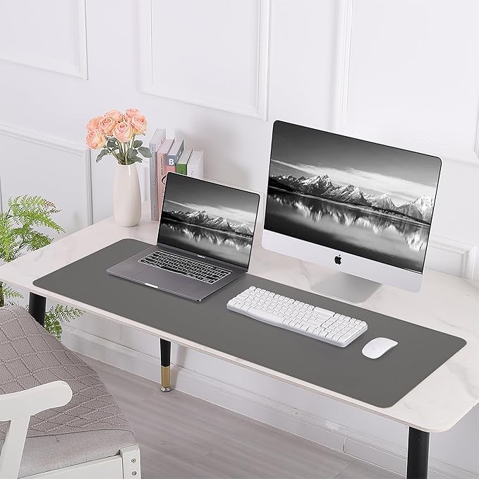 Leather Desk pad Protector, Large Desk mat with Natural Cork & PU Leather,Mouse pad,Non-Slip Office Desk Mat,Waterproof Desk Writing Pad for Office and Home (47in*17in,Dark Grey)