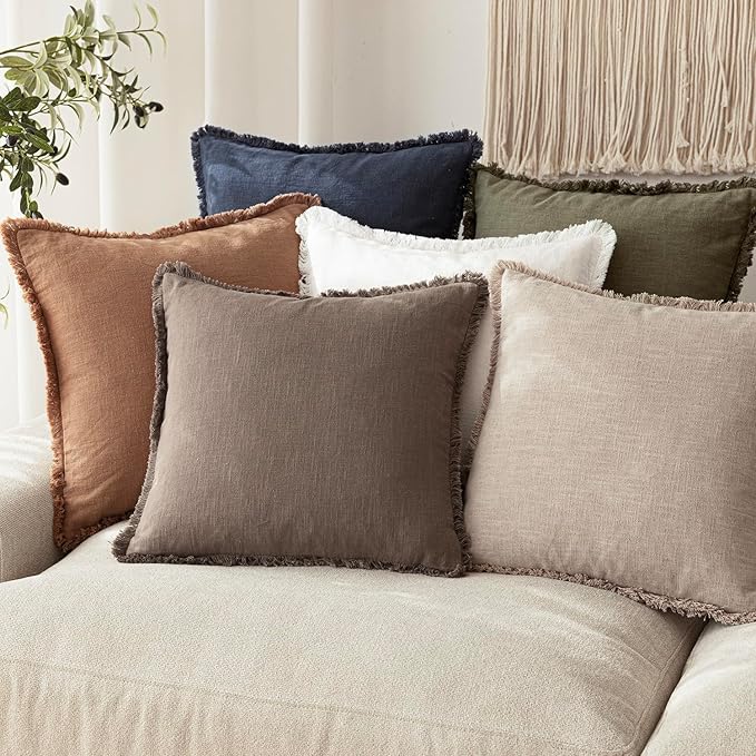 Foindtower Set of 2 Decorative Linen Fringe Throw Pillow Covers Farmhouse Cushion Cover with Tassels Soft Accent Pillowcase for Couch Chair Sofa Bed Living Room Home Decor,18×18 Inch,Natural Linen