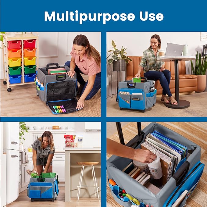 ECR4Kids Universal Rolling Cart with Canvas Organizer Bag, Mobile Storage, Blue/Grey