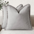Foindtower Set of 2 Decorative Linen Fringe Throw Pillow Covers Cozy Farmhouse Cushion Cover with Tassels Accent Pillowcase for Couch Chair Sofa Bed Living Room Home Decor,16×16 Inch,Light Rustic Gray