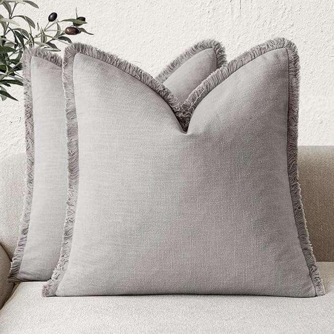 Foindtower Set of 2 Decorative Linen Fringe Throw Pillow Covers Cozy Farmhouse Cushion Cover with Tassels Accent Pillowcase for Couch Chair Sofa Bed Living Room Home Decor,16×16 Inch,Light Rustic Gray