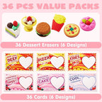 JOYIN 36 PCS Valentines Day Gift Cards with 3D Dessert Erasers for Kid Classroom Cards, Party Favor Toy Card Party Favor, Classroom Prize Supplies, Valentine’s Greeting Cards