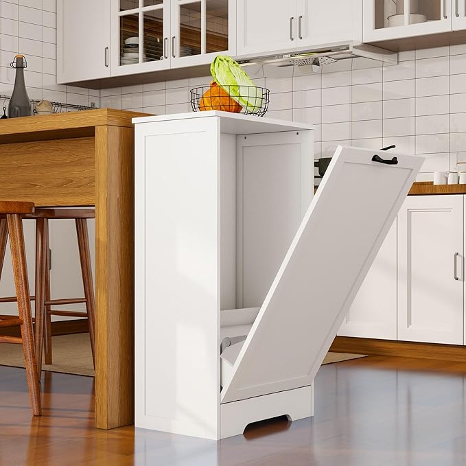 10 Gallon Tilt Out Trash Cabinet, Wooden Hidden Free Standing Kitchen Garbage Can with lid, Modern Pet-Proof Trash Can Holder for Bathroom, Living Room, Laundry Room, White