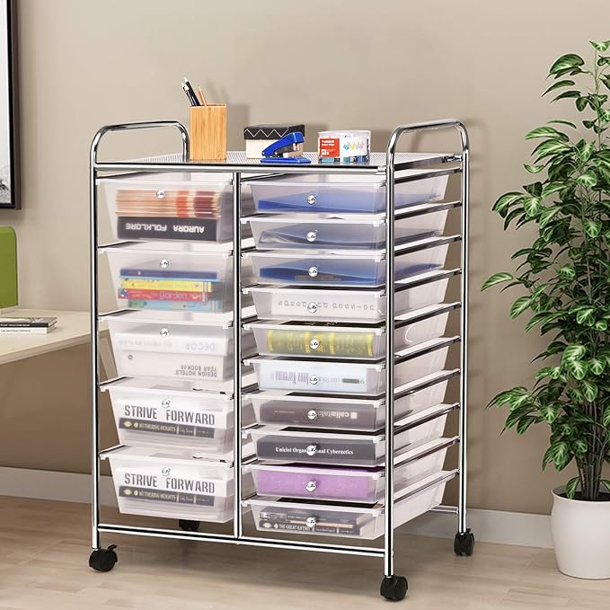 GLACER 15 Drawers Rolling Cart, Storage Cart with w/Removable Drawers & Steel Frame, Multipurpose Organizer Cart w/Sleek Handle, Utility Cart on Lockable Wheels for Home, School, Office (Clear)