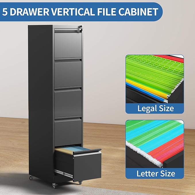 5 Drawer Mobile File Cabinet, Metal Filing Cabinet with Lock and Wheels, Home Office Rolling File Cabinets for Legal/Letter Hanging File Folders, Un-Assembled (Black)