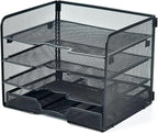 SETTFRFE 4 Tier Mesh Paper Letter Tray,Desk File Organizer with A Sliding Drawer,Office Supplies Desk Organizer for Home Office,Black.
