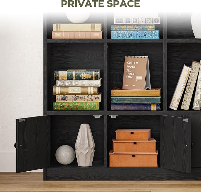 IRONCK Bookshelves and Bookcase, 6 Tiers Large Bookshelf with 4 Doors, Floor Standing Tall Display Storage Shelves for Home Office, Living Room, Bedroom, Black