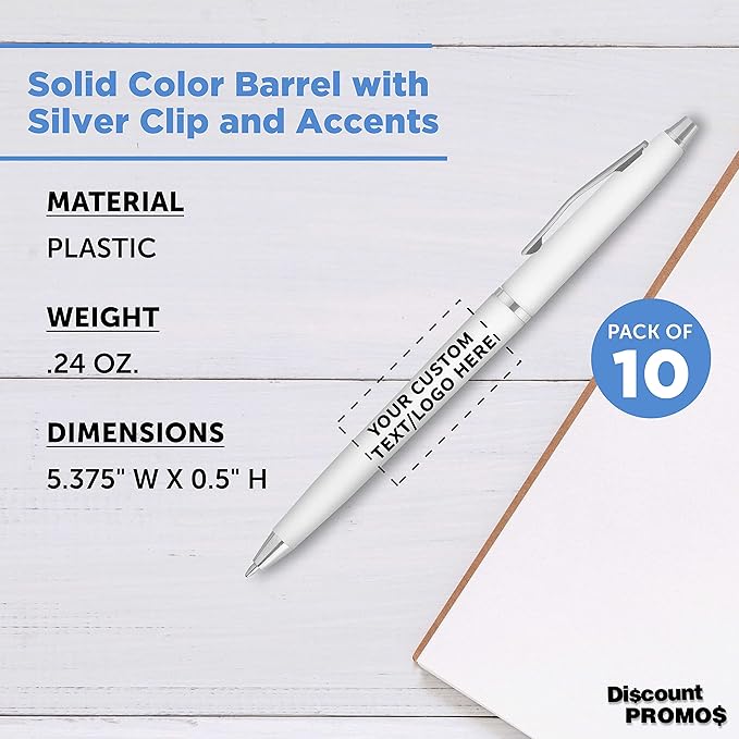 DISCOUNT PROMOS Custom Langham Ballpoint Ink Pen - Set of 10 Writing Pens for Work - Cool Pens for Writing, Black Ink, White