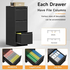 Bestoo 3-Drawer File Cabinet with Lock, Metal Filing Cabinet for Home Office, Vertical Filing Storage Cabinets, Fits File Folders, Letter/Legal/F4/A4 Size, Assembly Required (Black)
