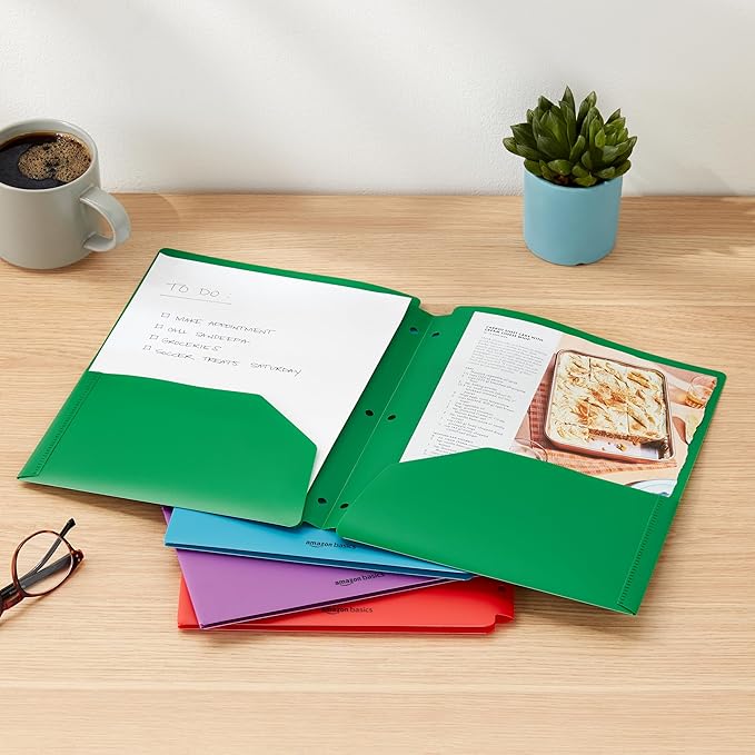 Amazon Basics Plastic 3 Hole Punch Folders with 2 Pockets, 8.5 x 11 inches, Pack of 6, Assorted Color